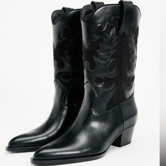 ZARA BLACK BLOCK HEEL COWBOY BOOTS SIZE 39 OR 8.5 - Picture 2 of 12